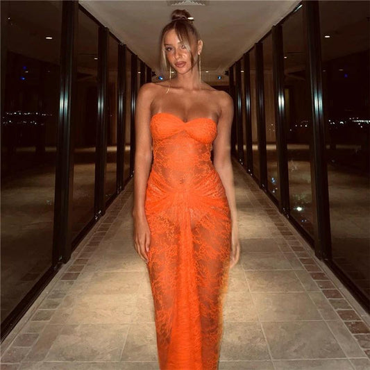 Vestido de mujer, con encaje y transparente, estilo tubo, de color liso