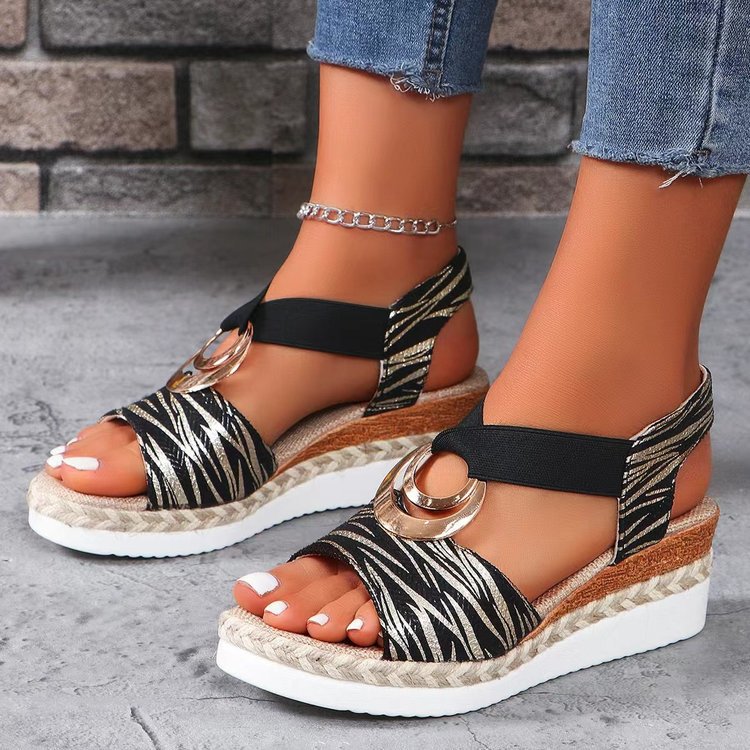 Women's Metal Buckle Hemp Rope Wedge Peep Sandals