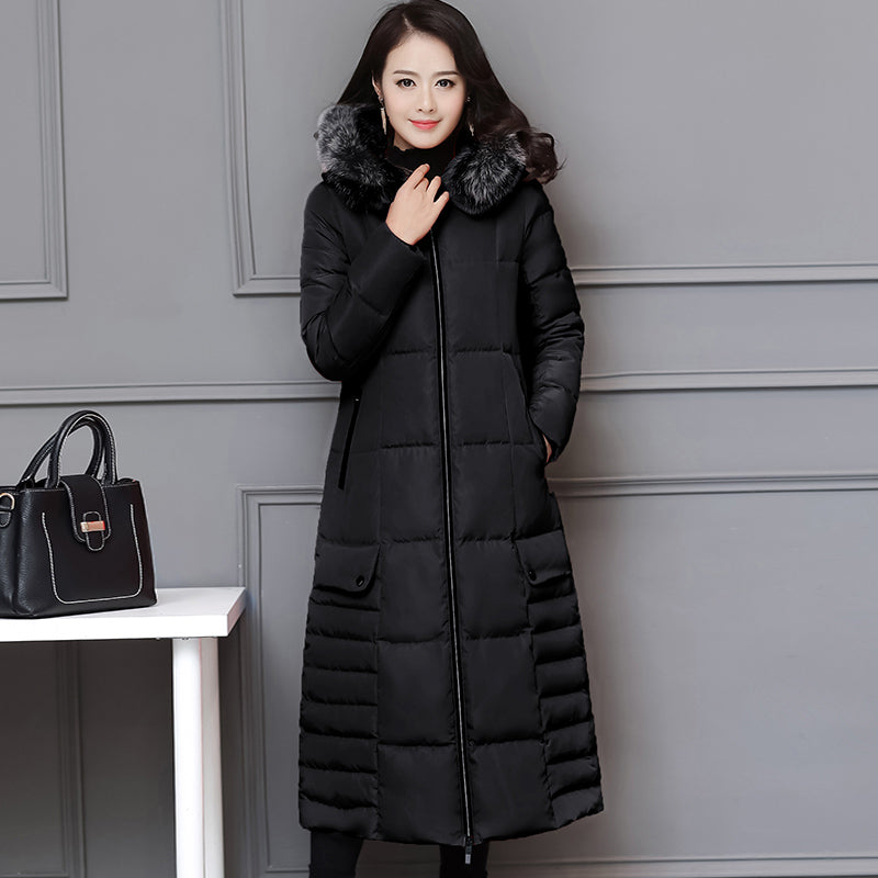 Hooded Padded Jacket with Fur Collar and Color Block
