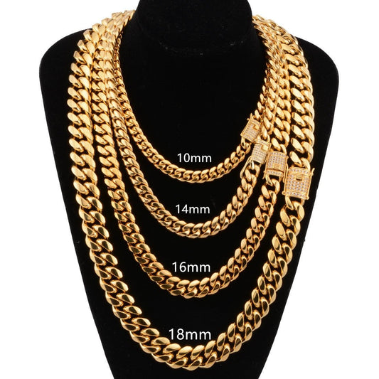 8-18mm Wide Stainless Steel Cuban Chain CZ Zircon Box Lock Necklace