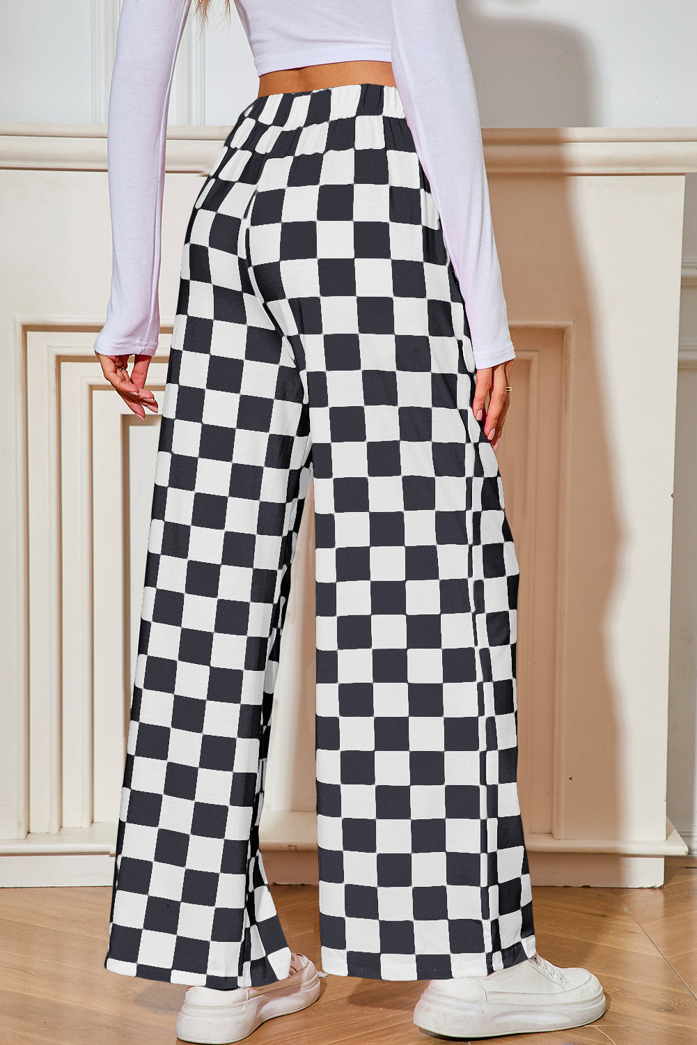 Pantalones de pata ancha de talle alto con estampado a cuadros verdes