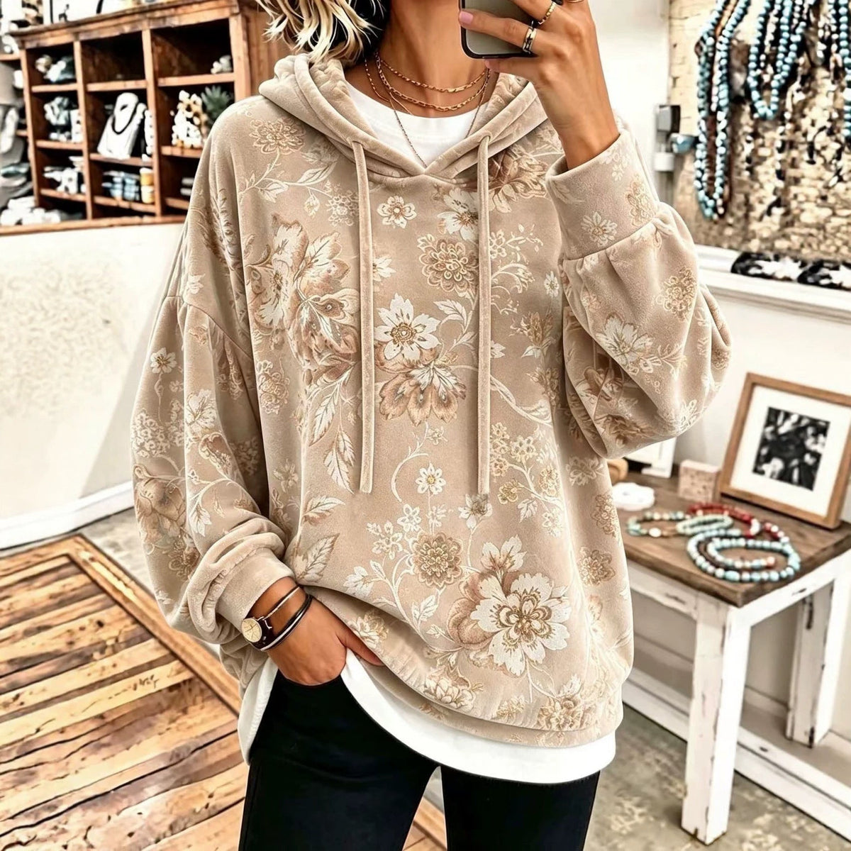 Women's Velvet Hooded Floral Sweatshirt Loose-fitting Long-sleeve Top