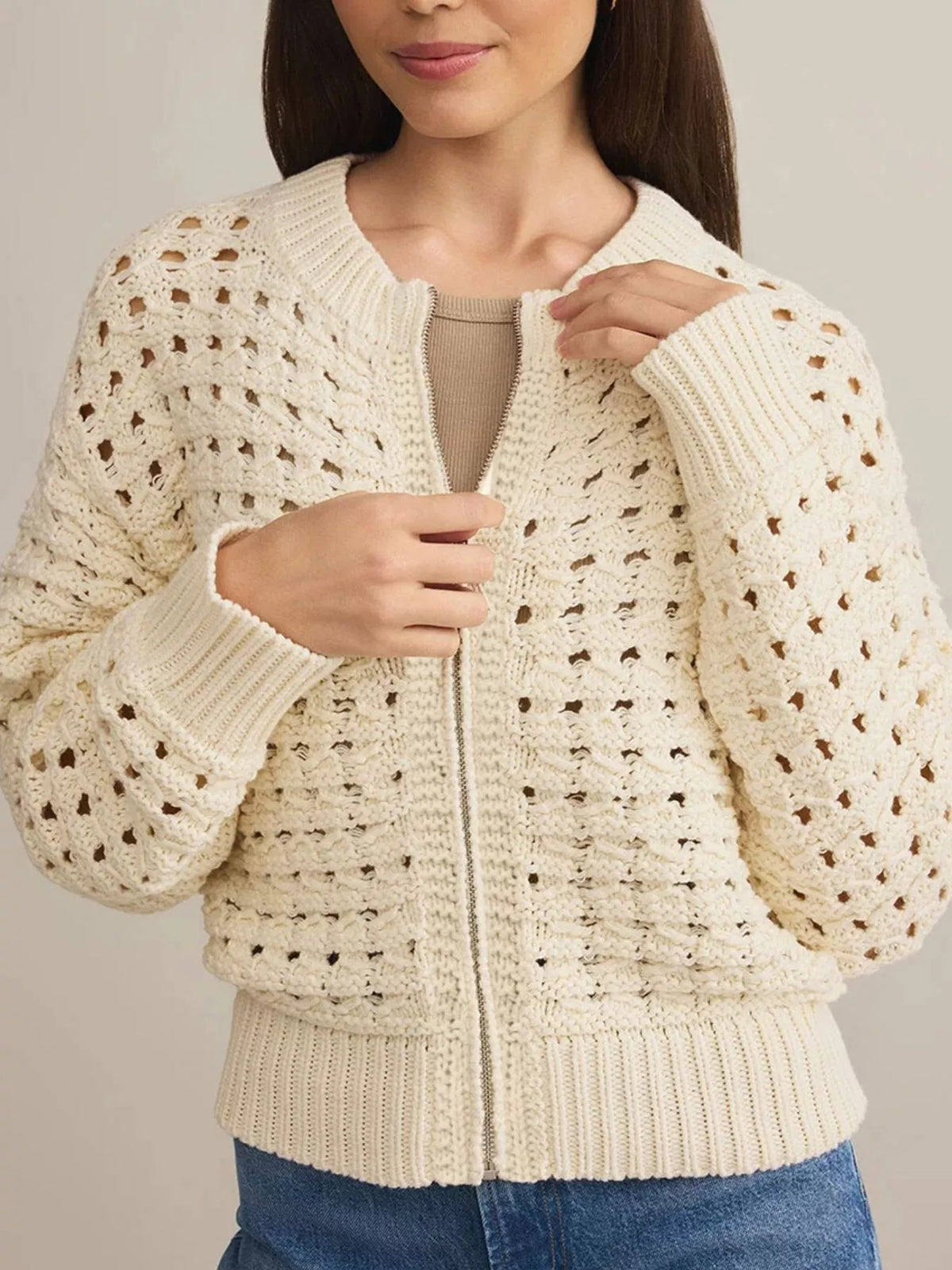 Openwork Zip-Up Cardigan