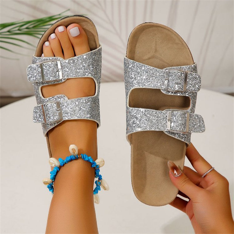 Women's Double Buckle Sequined Sandals