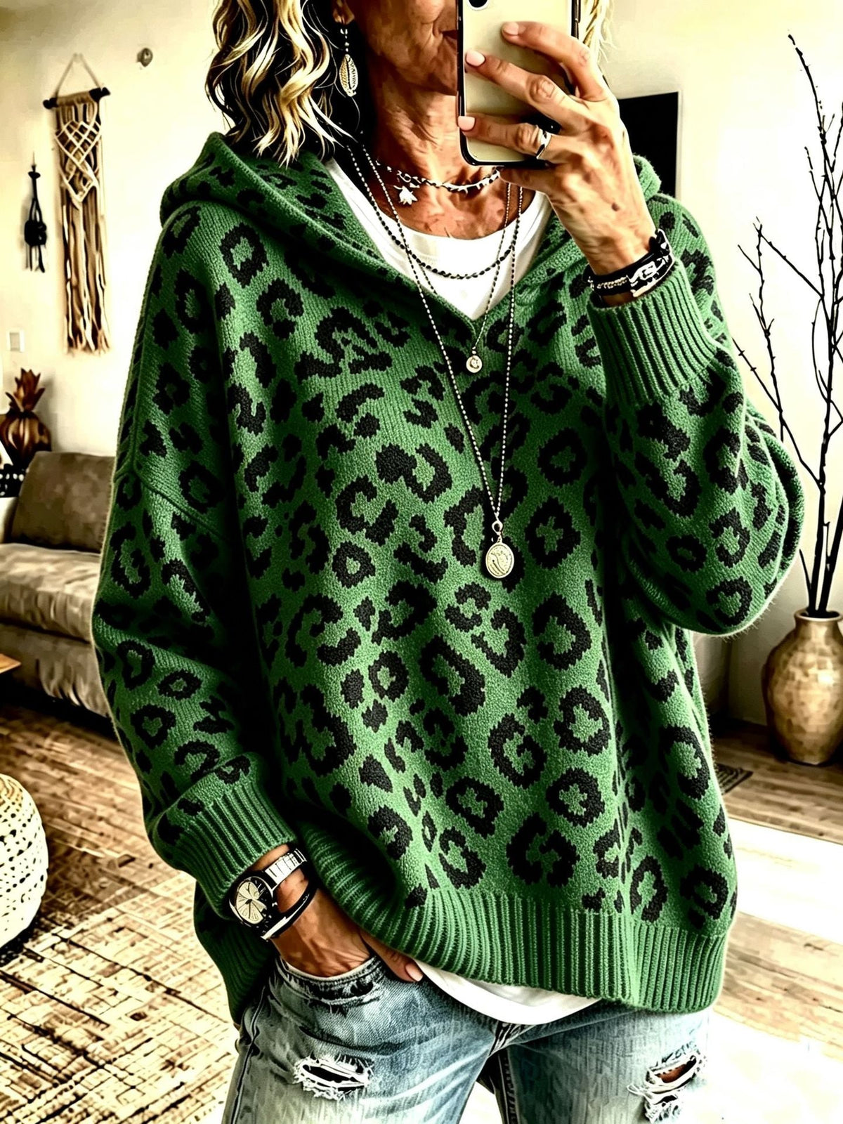 New Fallwinter Womens Leopard-print Hooded Knit Sweatshirt