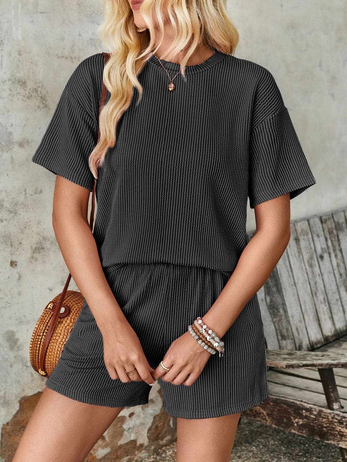 Two-Piece Sets Trendsi Textured Loungewear Set Women's Casual Shorts & Top - Soft & Comfy