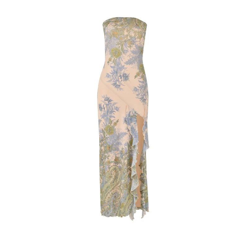 Printed Thigh Split Tube Top Dress