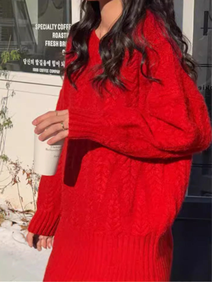 Korean-style Laid-back Knit Sweater Loose-fitting Cable-knit Thickened Top