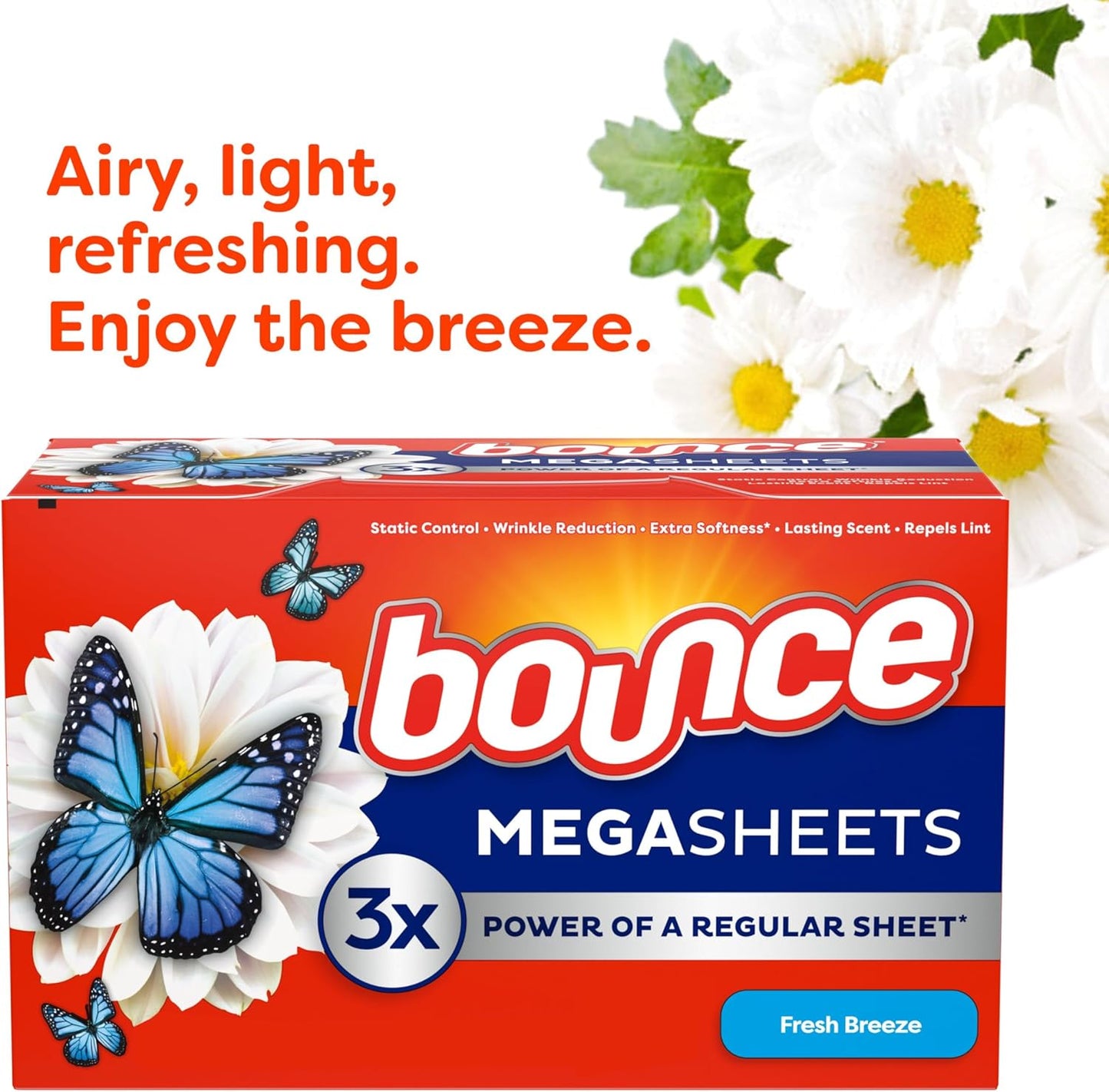 Bounce Mega Dryer Sheets, Fresh Breeze, 130 Count, Mega Fabric Softener Sheets with Static Control, Wrinkle Reduction, Extra Softness, Lasting Scent, Repels Lint