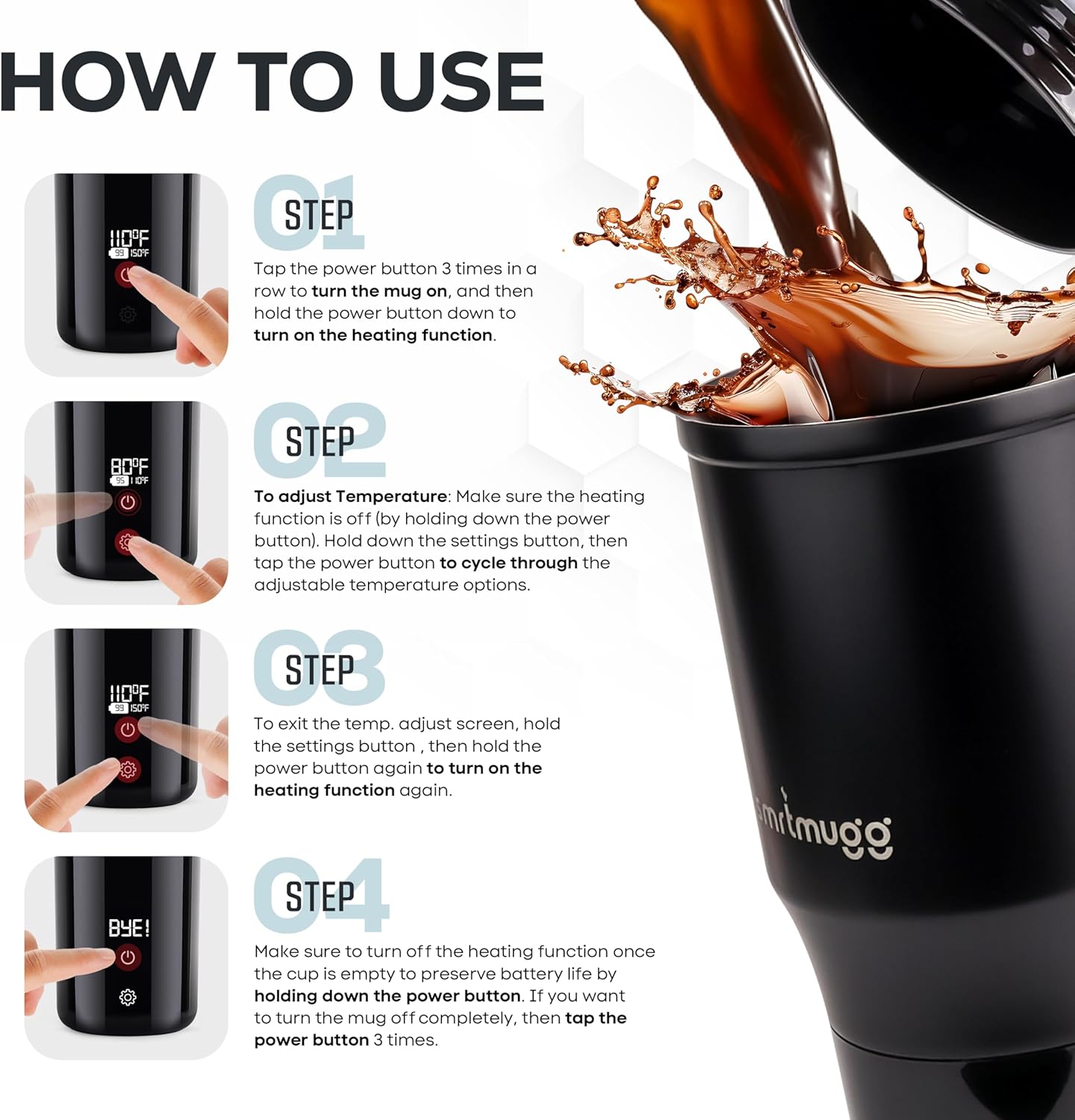 TITAN Heated Coffee Mug, 15 oz. 15 Hour Battery Life, Self-Heating, Battery Powered, Adjustable Temperature, LCD Screen, Portable Charger, Great for Coffee and Tea Lovers (Black)