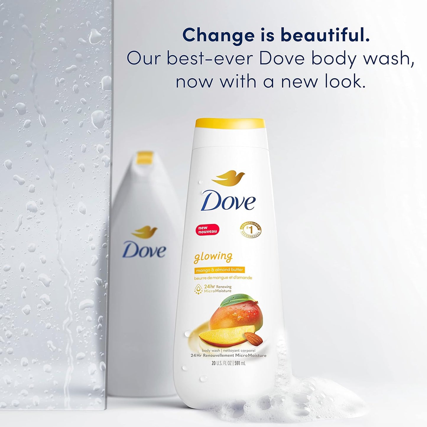 Dove Body Wash Glowing Mango & Almond Butter 4 Count for Renewed, Healthy-Looking Skin Gentle Skin Cleanser with 24hr Renewing MicroMoisture 20 oz