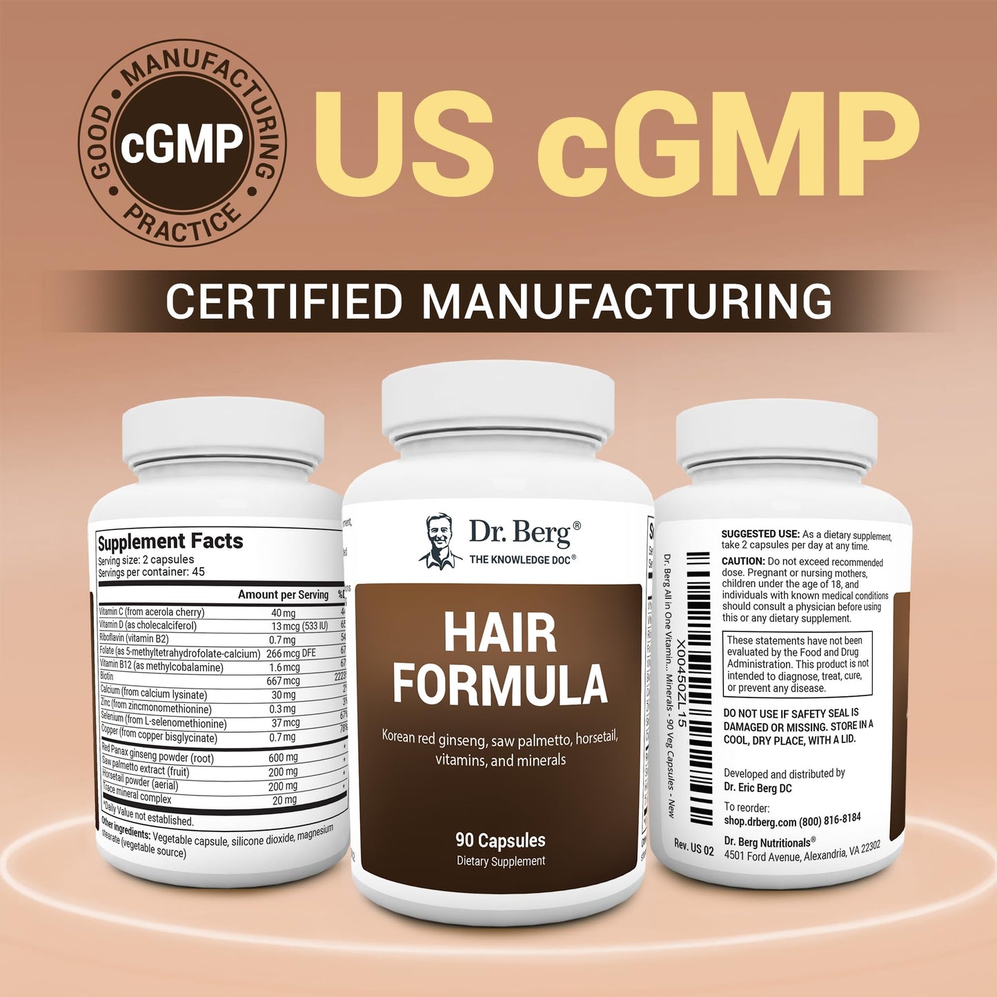 Vitaminas Todo en Uno Dr. Berg para Cabello, Piel y Uñas - Fórmula Avanzada con Biotina, Saw Palmetto, Bloqueador de DHT y Oligoelementos - 90 Cápsulas Vegetales