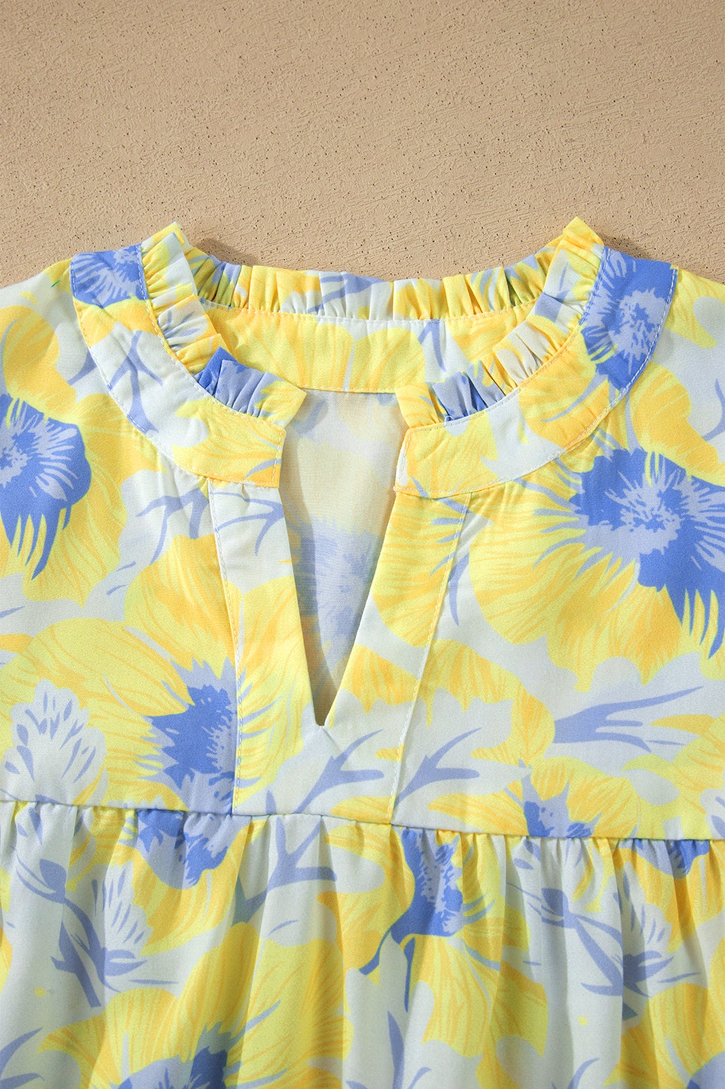 Yellow Short Bubble Sleeve Summer Floral Blouse