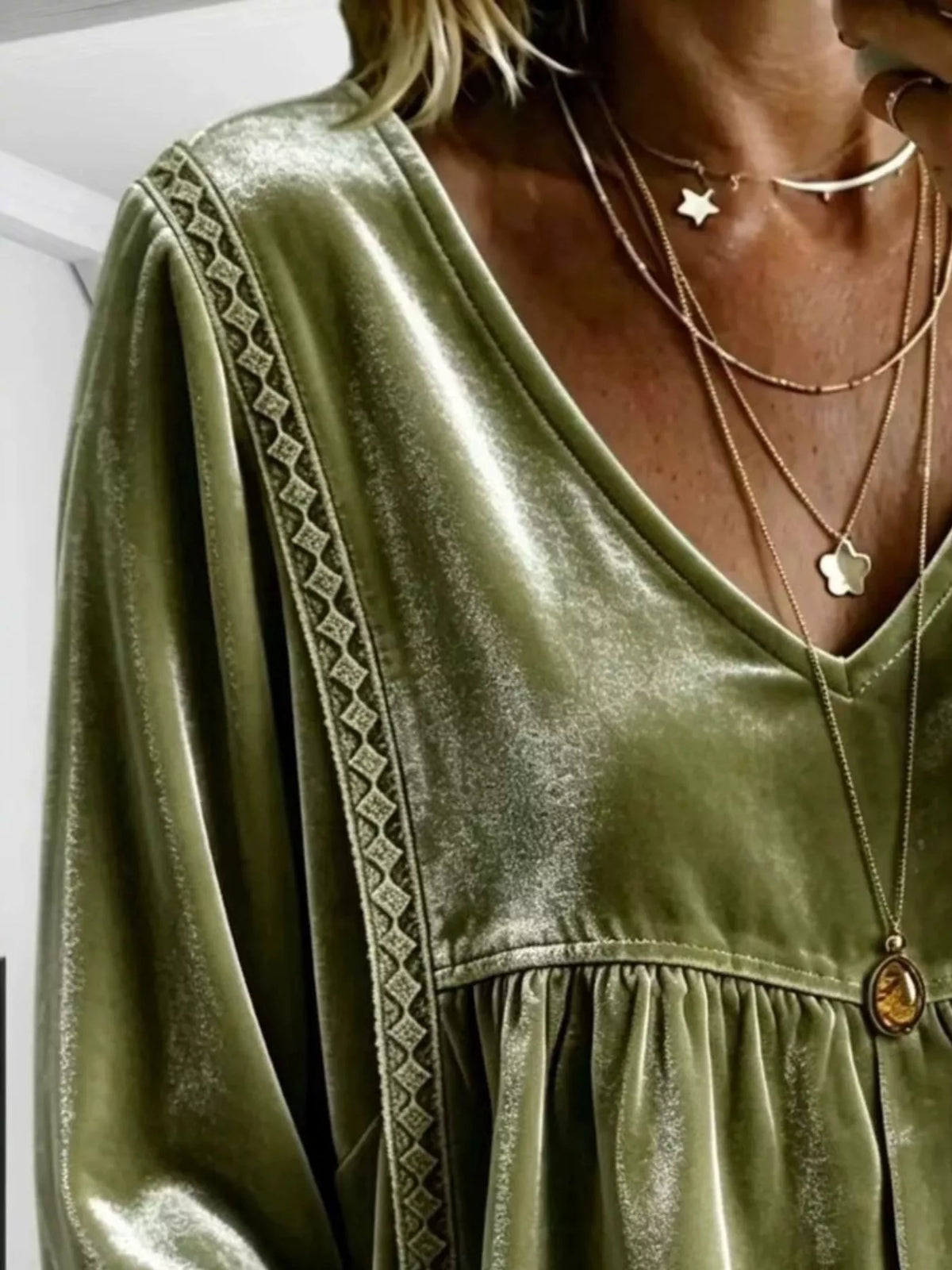 Full Size Velvet Lace Detail V-Neck Blouse Plus Size
