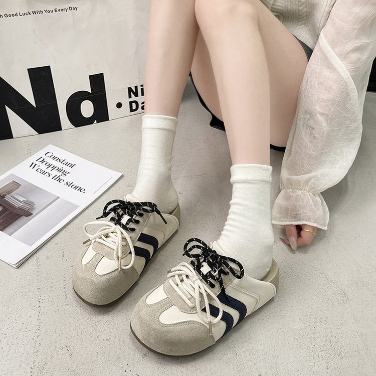 Women Retro Backless Mule Sneakers Color Block Suede Upper Striped Side Detail Twisted Lace Round Toe Slip On Flat Rubber Sole Casual Street Daily Slide On Trainers