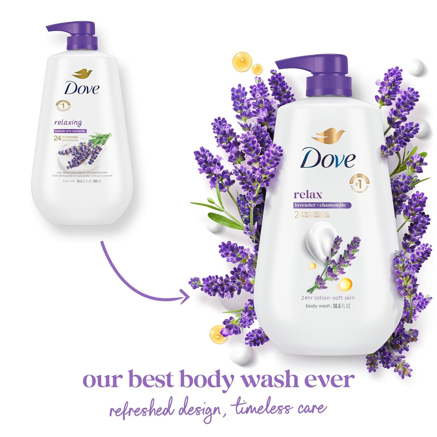 Dove Body Wash with Pump Relaxing Lavender Oil & Chamomile 3 Count for Renewed, Healthy-Looking Skin Gentle Skin Cleanser with 24hr Renewing MicroMoisture 30.6 oz