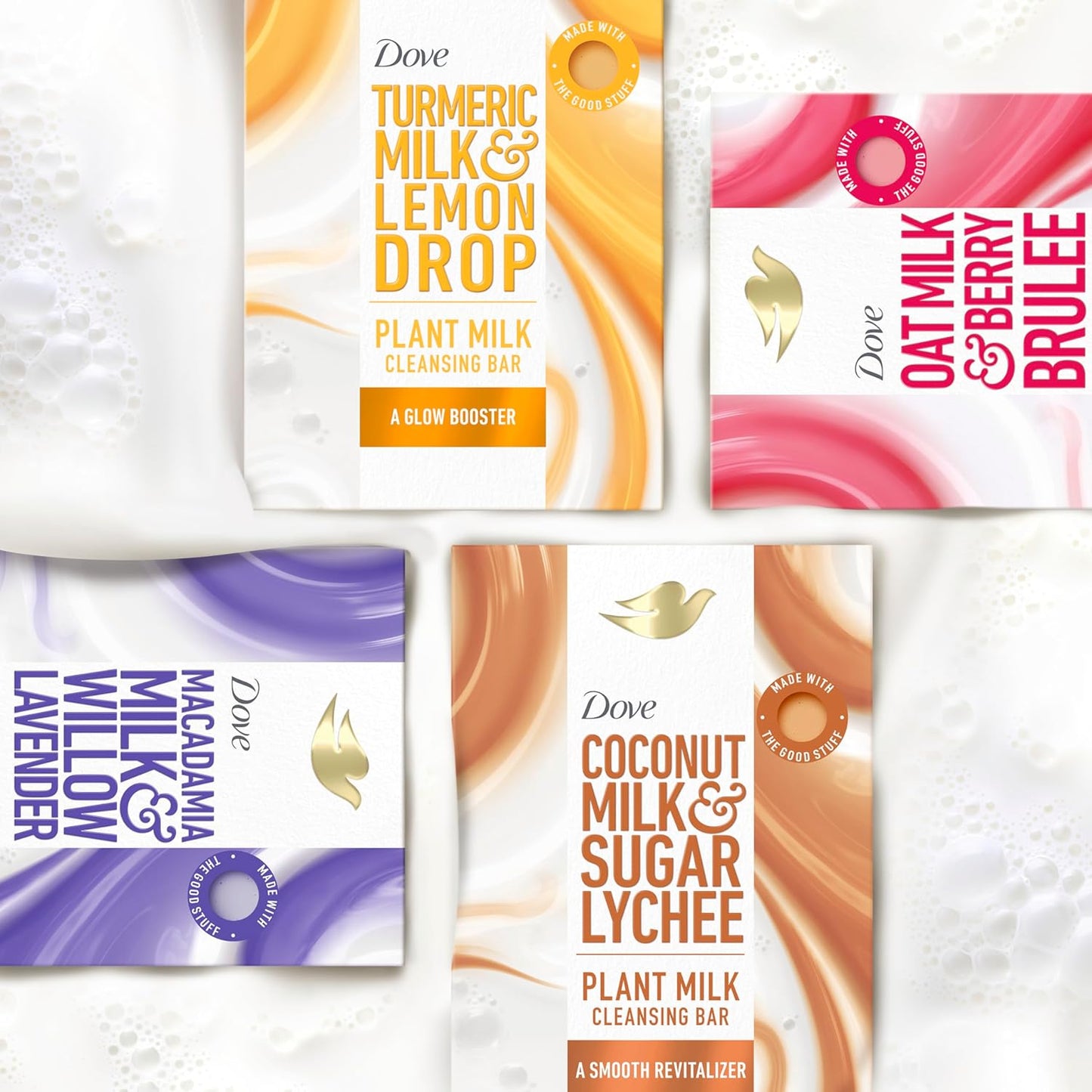 Dove Plant Milk Cleansing Bar Soap Turmeric Milk & Lemon Drop Glow Booster 4 Count for Moisturized Skin Gentle Cleanser, No Sulfate Cleansers or Parabens, 98% Biodegradable Formula 5 oz