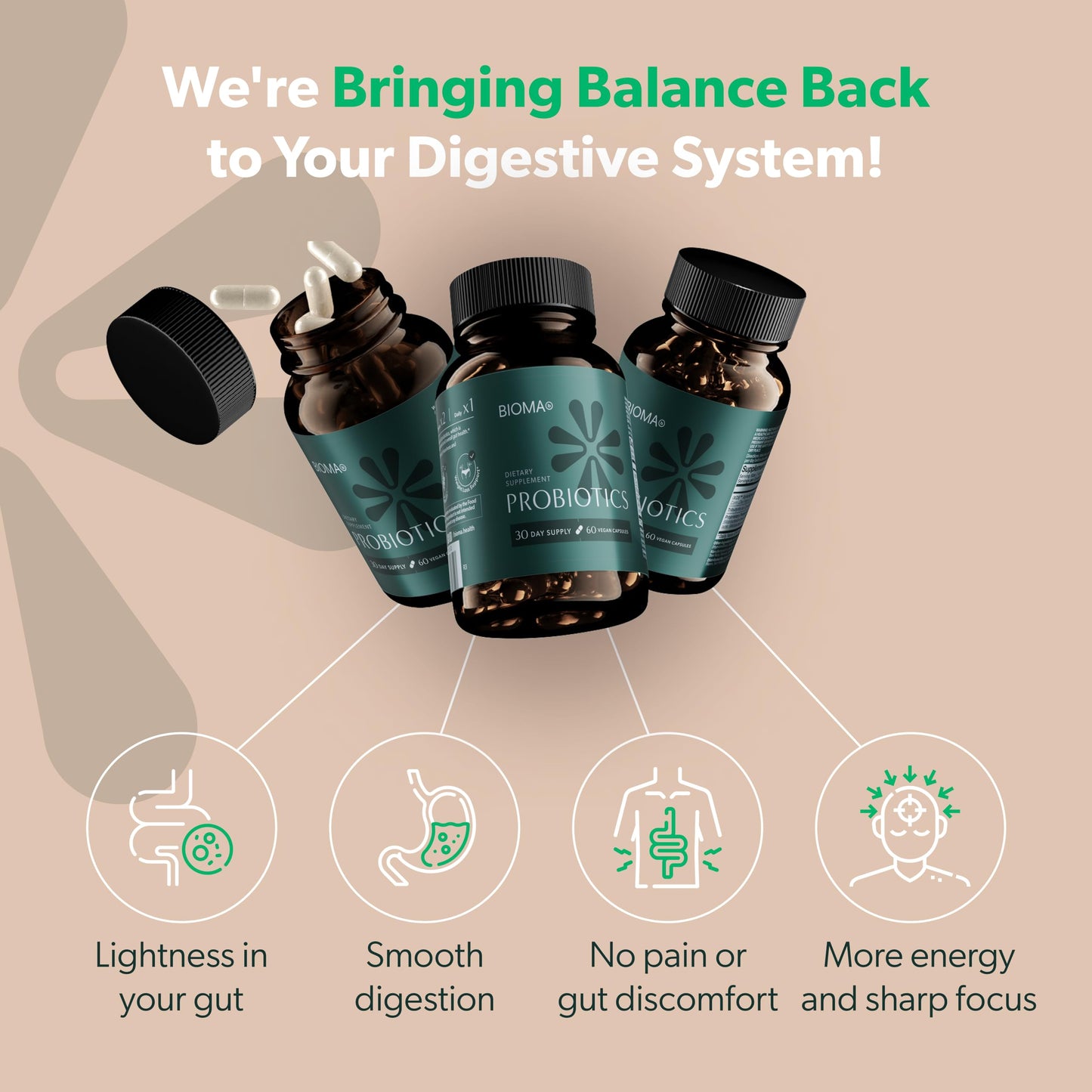 BIOMA Probióticos Salud Digestiva Apoyo Intestinal para Hombres y Mujeres 60 Cápsulas