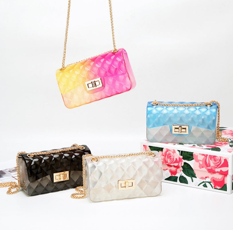 Ins super fire transparent mini bag female summer new jelly chain bag gradient wild Messenger bag See size chart under “more details”