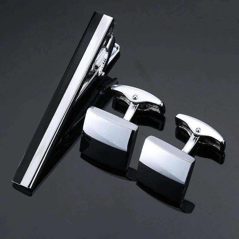 Gold Silver Black Square Brushed Tie Clip And Cufflinks