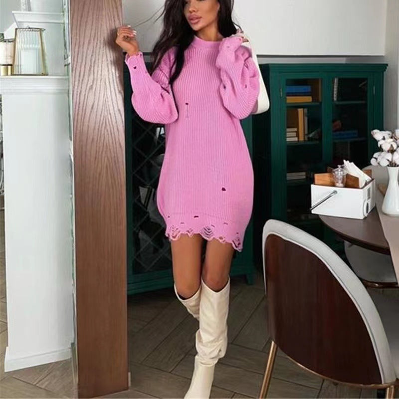 Women's Crew Neck Distressed Knit Sweater, 2026 Fall Winter Solid Color Loose Long Sleeve Pullover, Ripped Fringe Hem Jumper
