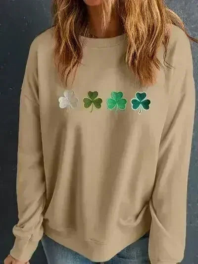 Embroidered Clover Pattern Round Neck Sweatshirt