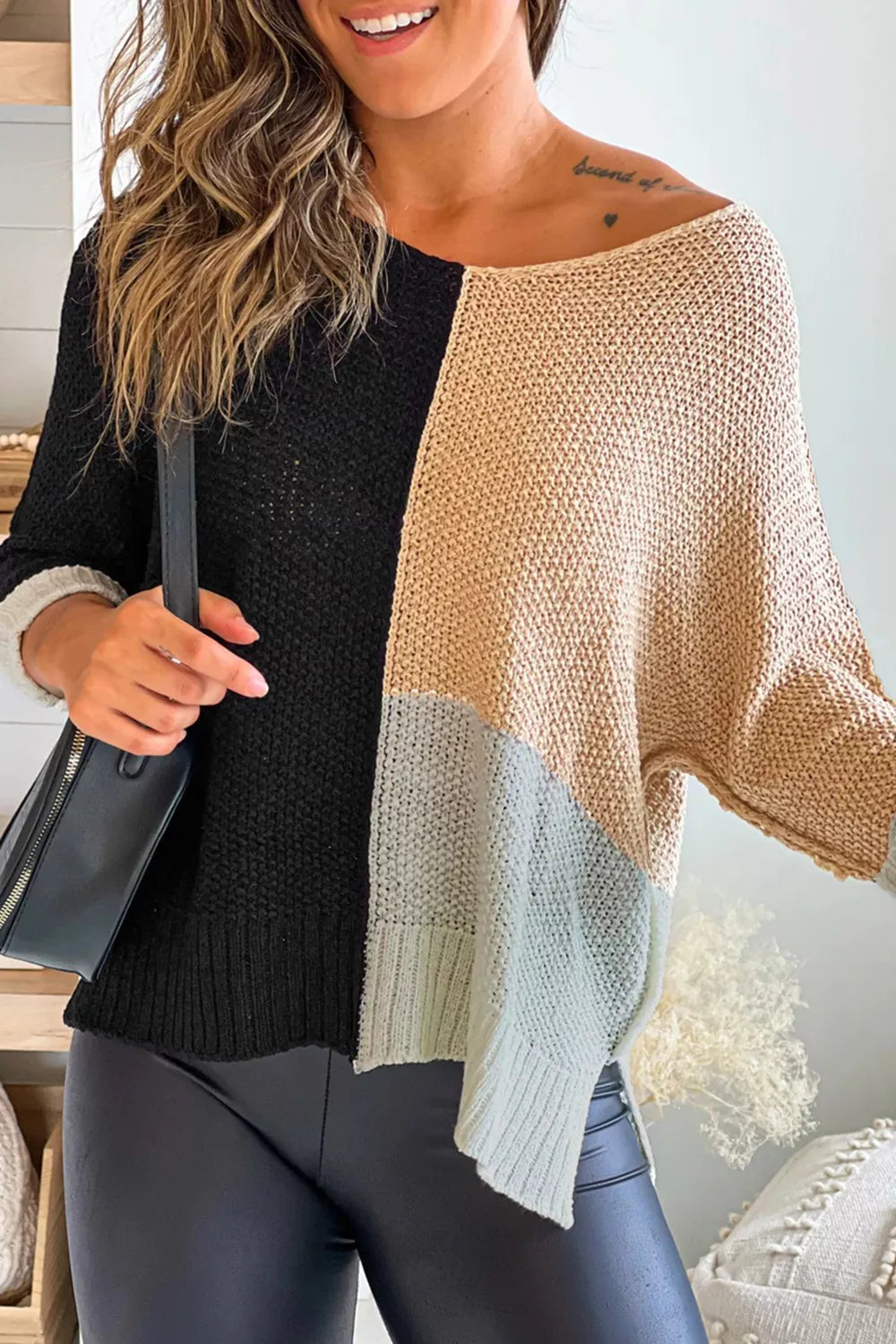 Color Block Knit V Neck Loose Sweater