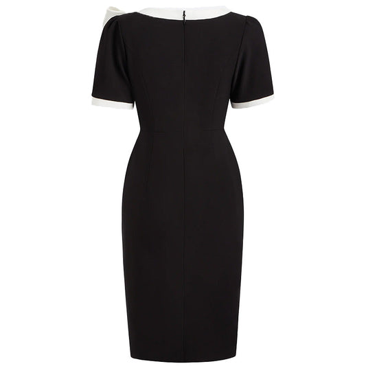 Women Crew Neck Short Sleeve Bow Color-Block Slim Fit Dress