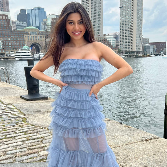 Georgia Maxi Dress - Smoky Blue - Ruffle Tulle Dress With Sheer Detail