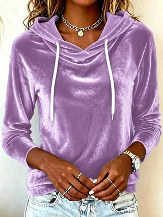 2026 Fall Winter Women's Solid Color Korean Velvet Drawstring Hooded Long Sleeve Casual Sweatshirt