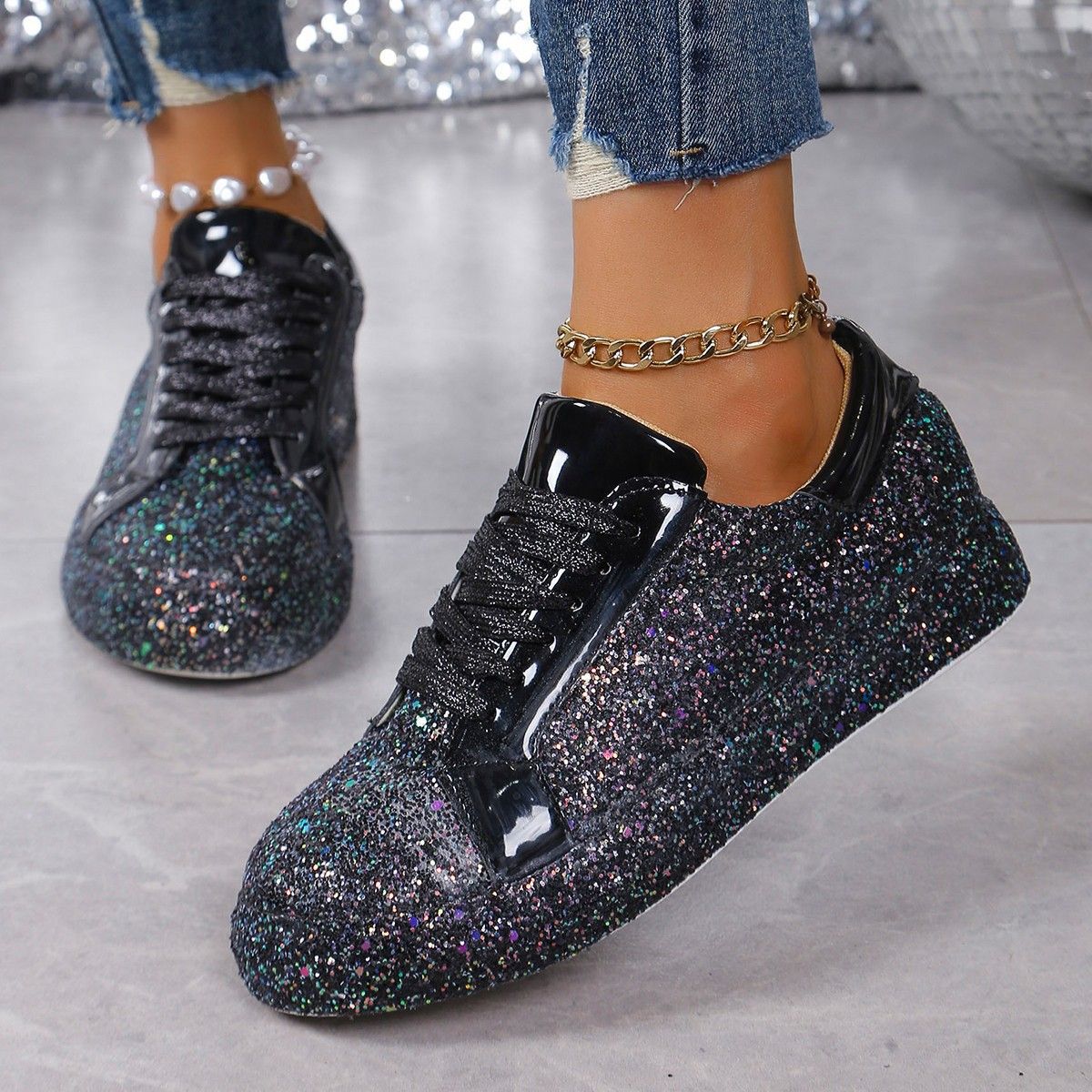 Women's Sequined Casual Lace-Up Sneakers