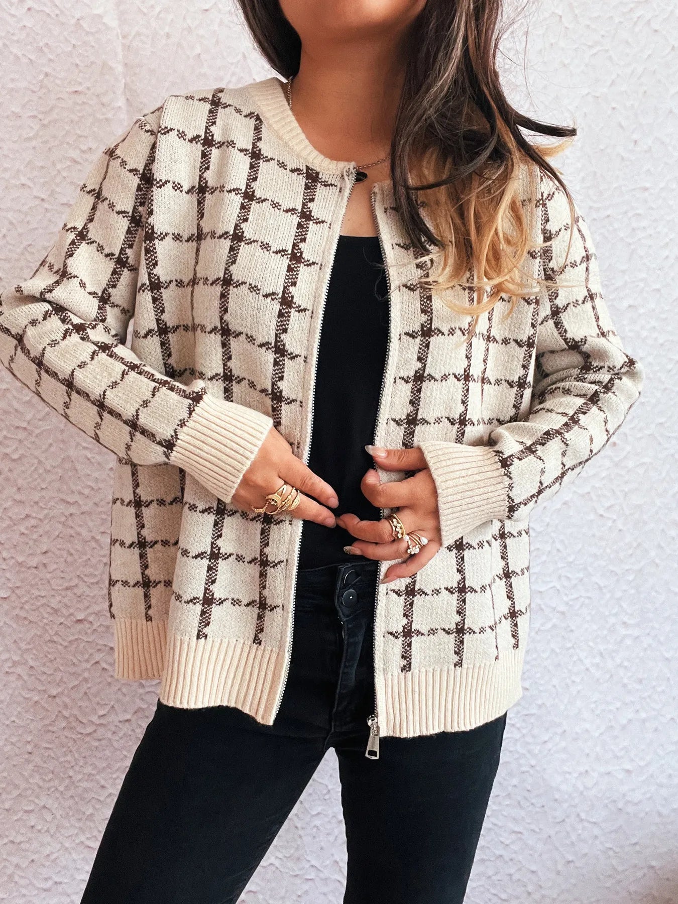 Plaid Pattern Zip Up Cardigan