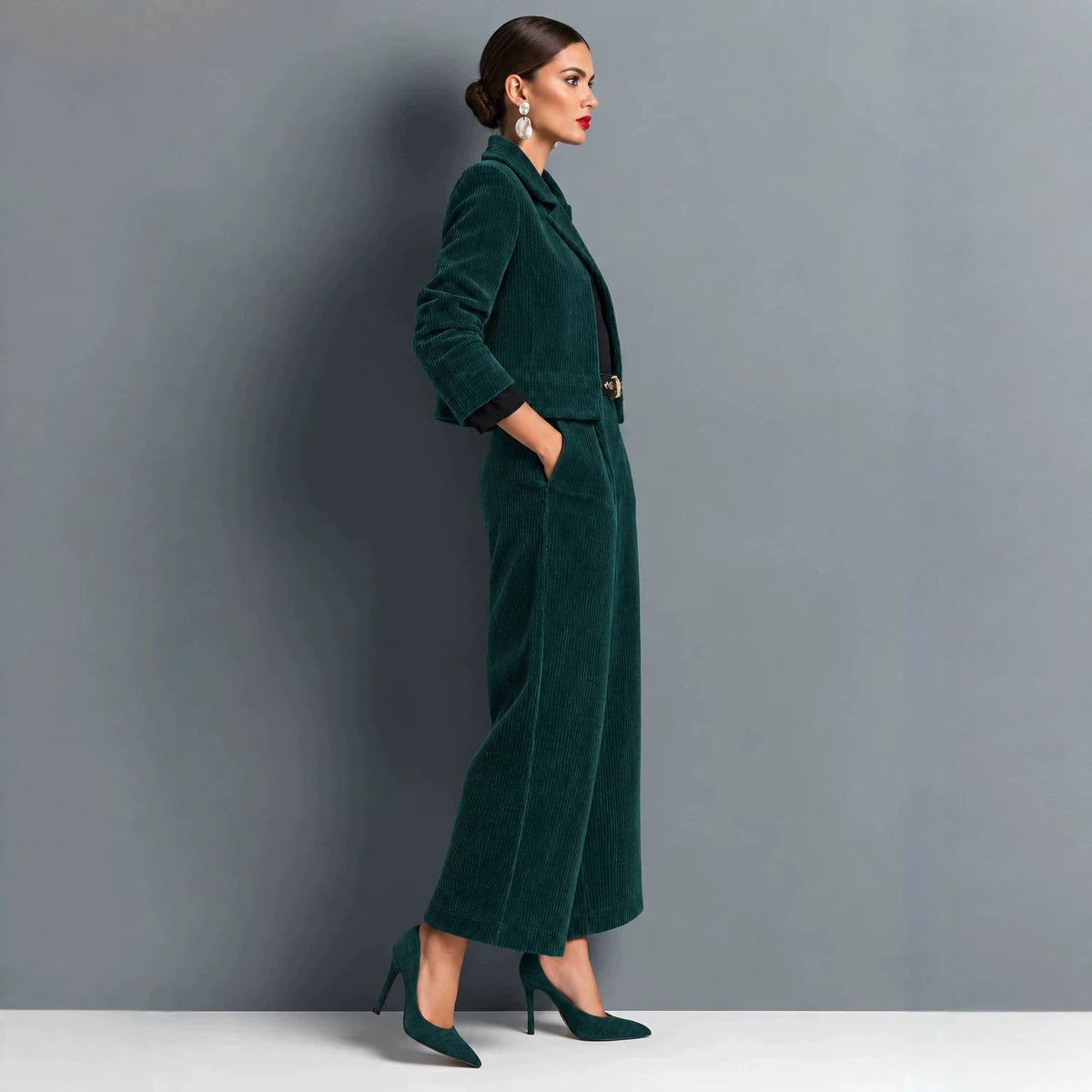 Corduroy Cropped Jacket And Wide-leg Pants Set