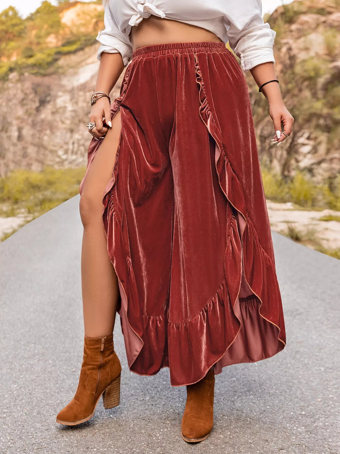 Plus Size Velvet Ruffle Hem Wide Leg Pants