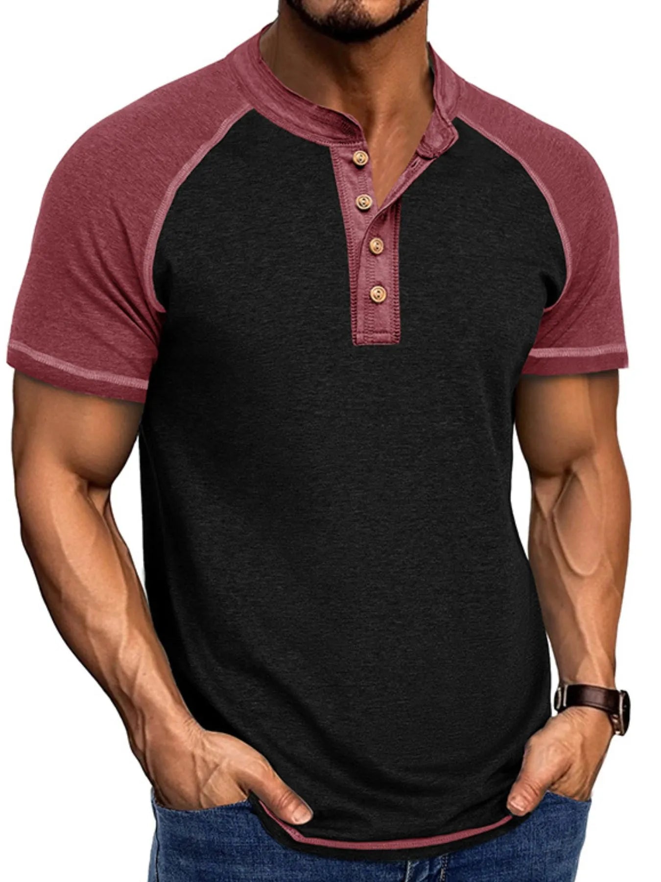 Camiseta Henley Raglán para Hombre con Bloques de Color