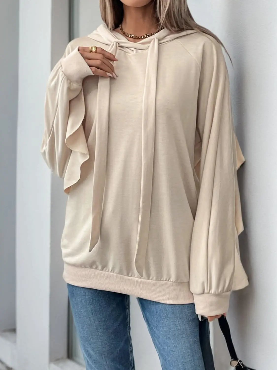 Jackets Trendsi Ruffled Hoodie Women's Casual Drawstring Long Sleeve Top Cozy Stylish