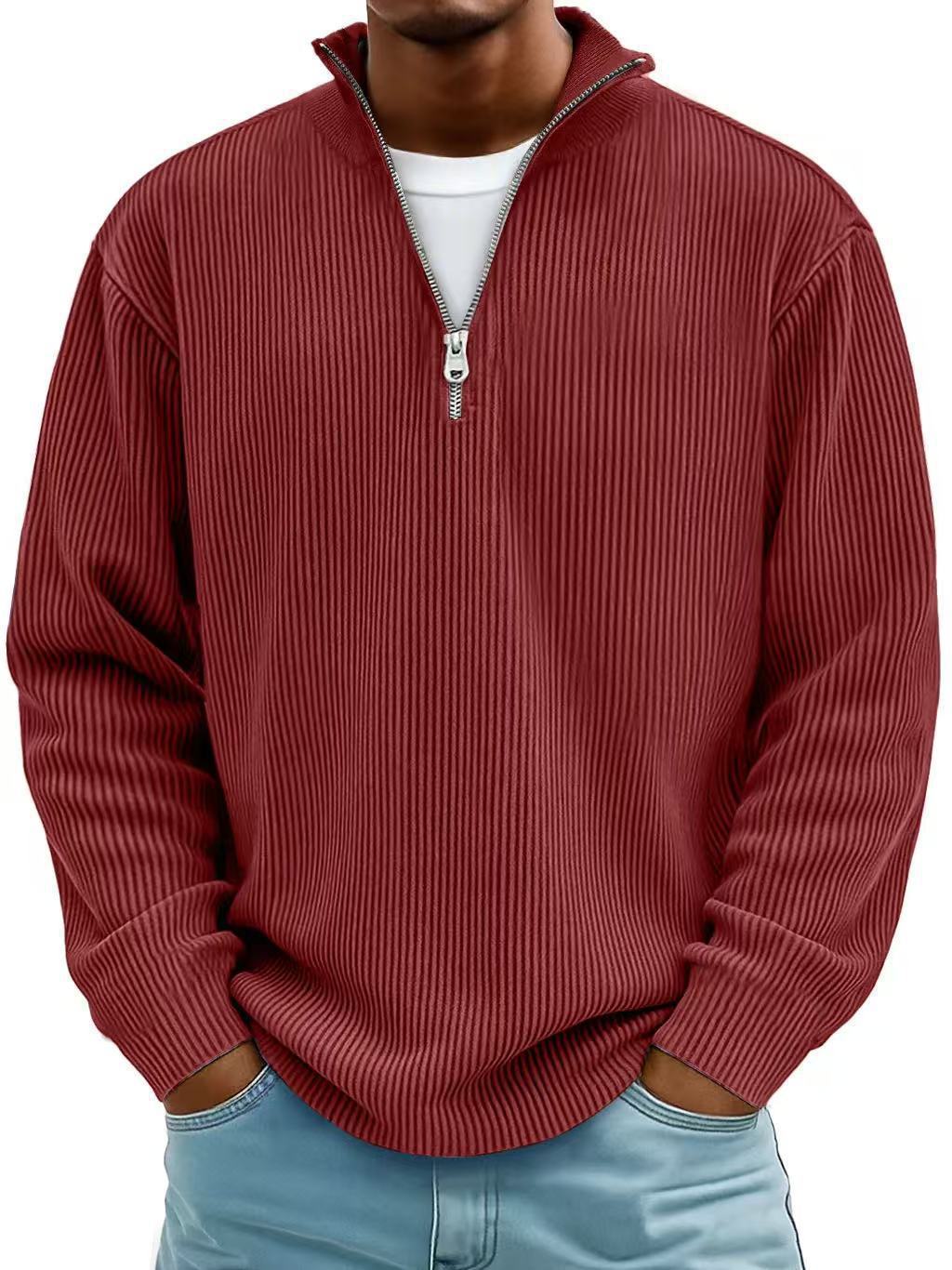New Autumn And Winter Men's Casual Stand-Up Collar Zipper Corduroy Long-Sleeved Men's Polo Shirt Sweatshirt Autumn Sweatshirt