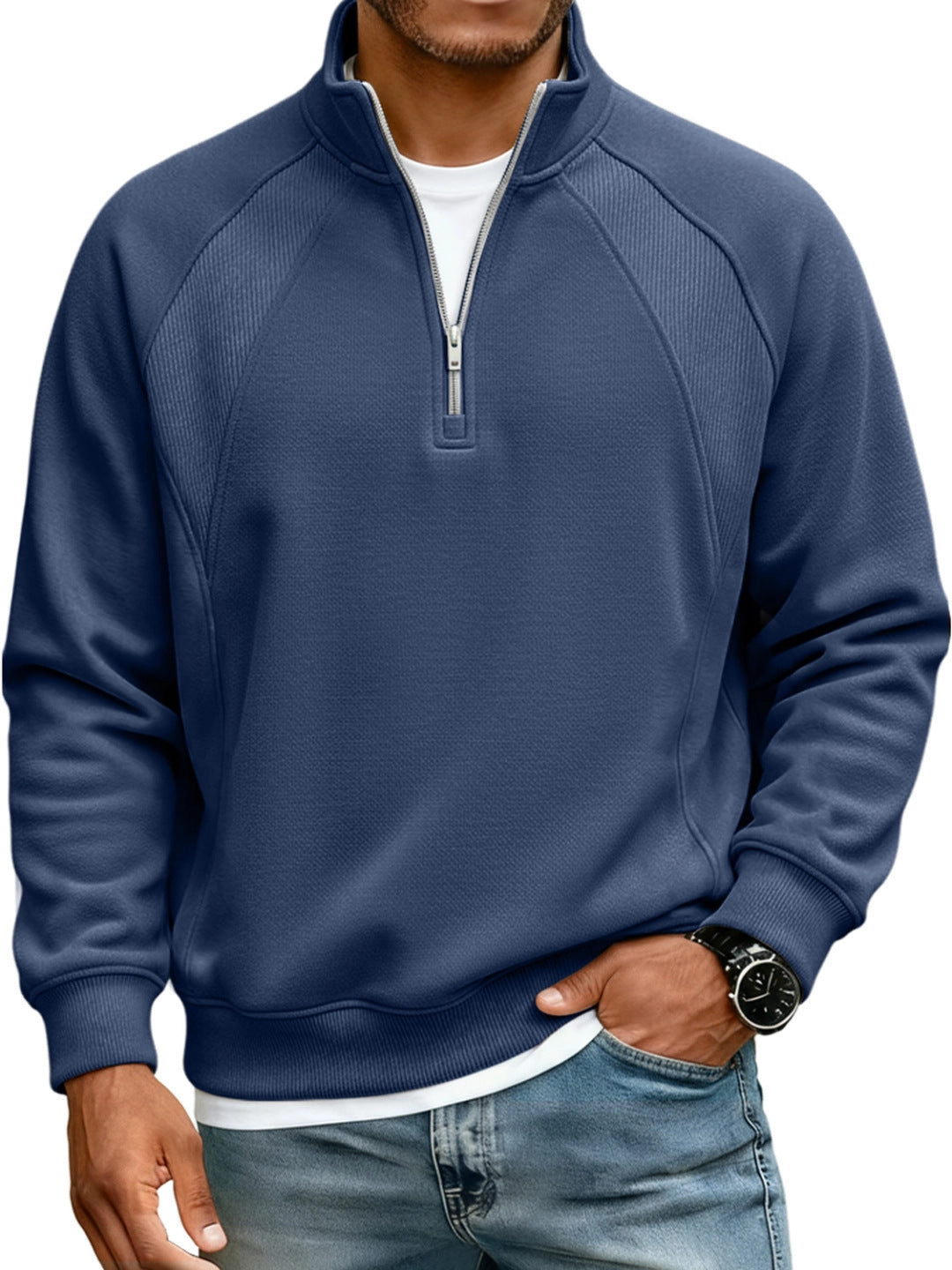 Amazon New Men's Jacket Half-Zip Stand-Up Collar Sweatshirt Men's T-Shirt Long-Sleeved Solid Color Splicing Loose Fit