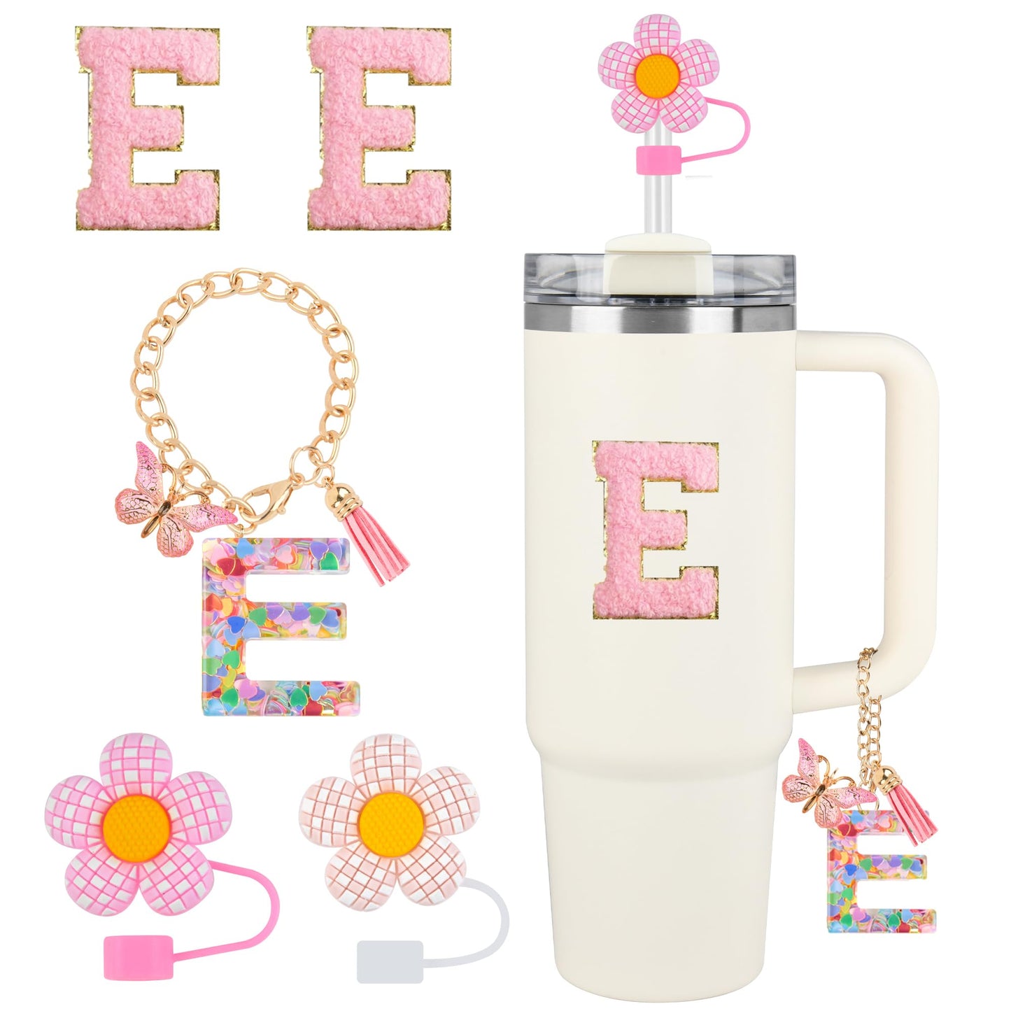 Stanley Cup Accessories 5PCS Tumbler Initials Decorations for Stanley Straw Toppers for Stanley Cup Straw Cover Cap Cute Letter Charms for Stanley 40 oz 30 oz Tumbler Sticker (E)