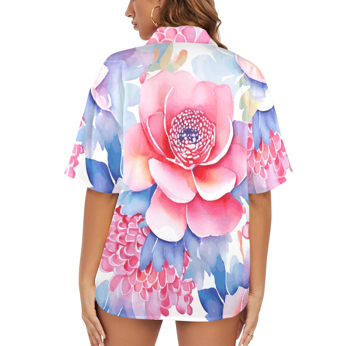 Pink and Blue Floral Pattern Women's All Over Print Hawaiian Shirt (Made in USA)