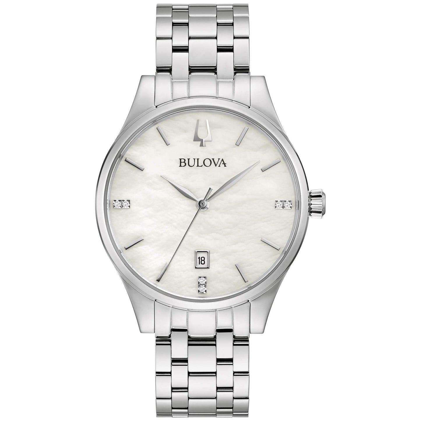 Bulova Ladies Classic Diamond Dial Stainless Steel 3-Hand Calendar Date Quartz Watch White Mother-of-Pearl Style: 96P220