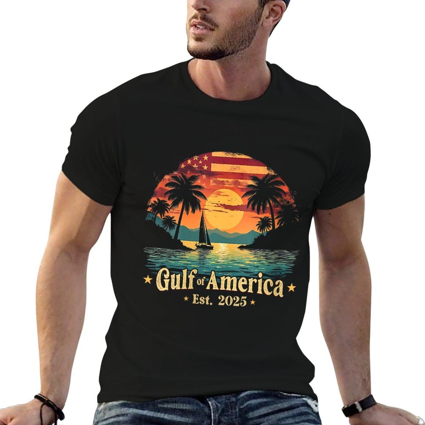 Womens Vintage Gulf Of USA America Funny USA Flag V-Neck Slim-fit Cut T-Shirt