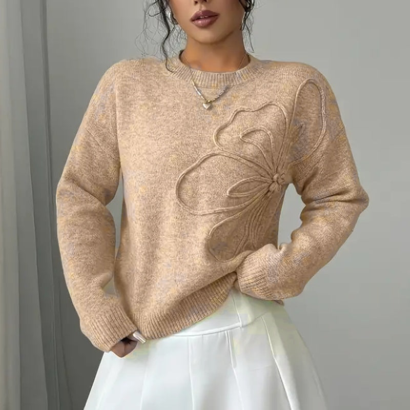 Suéter elegante floral para mujer - Jersey informal de manga larga con cuello redondo
