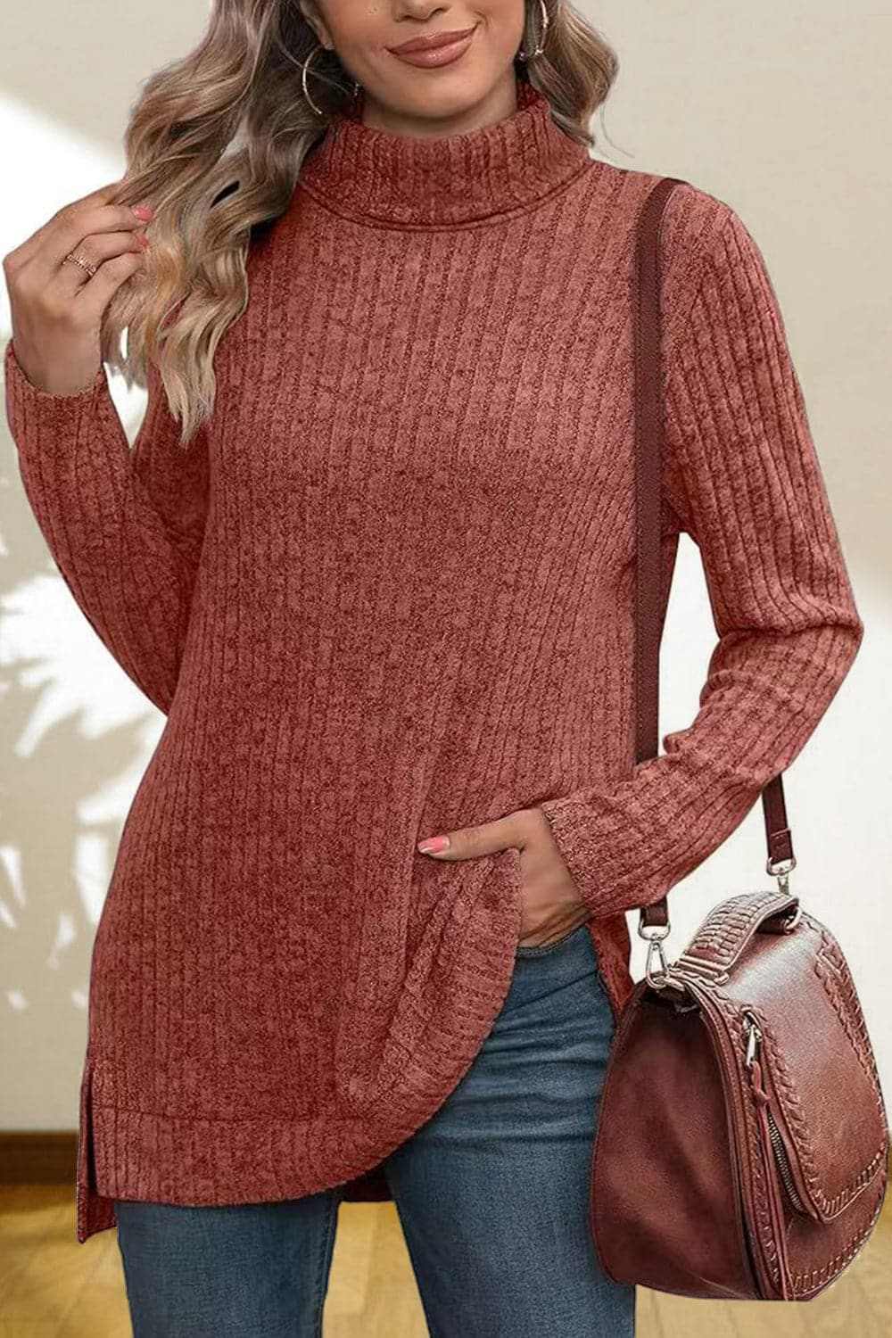 Sweater Pullovers Trendsi Chic high-low turtleneck top