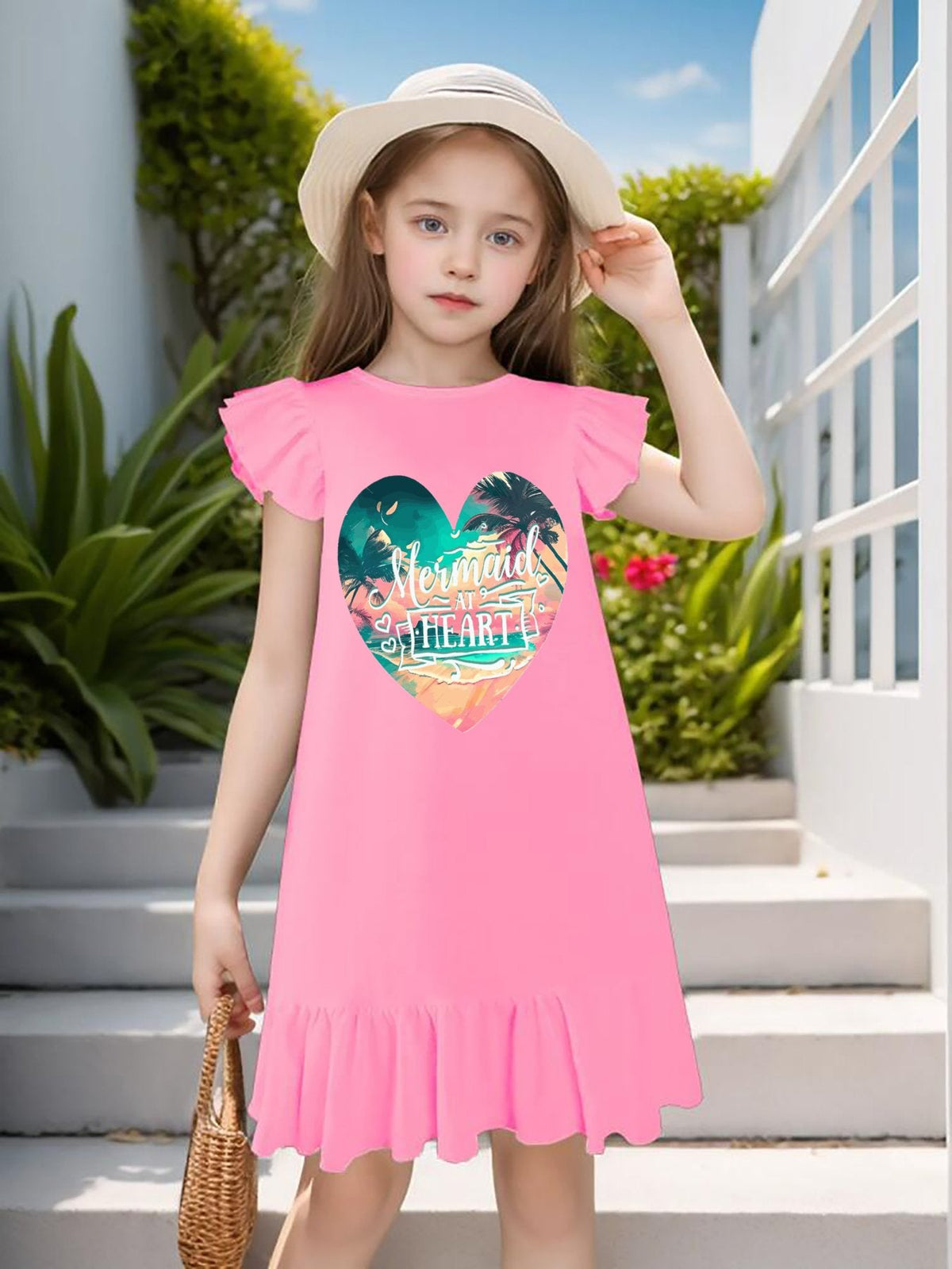 Mermaid at Heart Flutter Sleeve Short Black Dress for Girls (Front Printing)