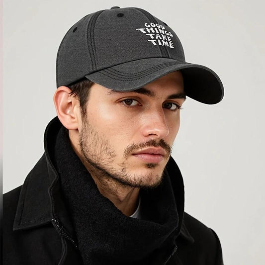 Gorra de béisbol vintage desgastada para hombre "Good Things Take Time" ajustable