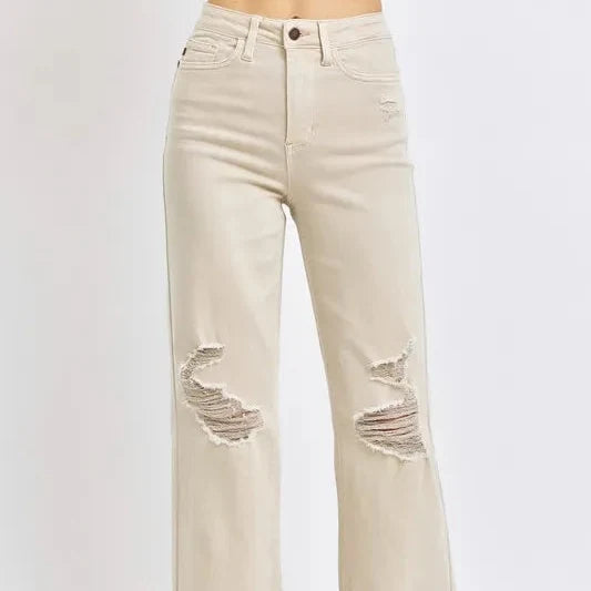 Judy Blue Full Size High Waist Distressed Wide Leg Jeans
