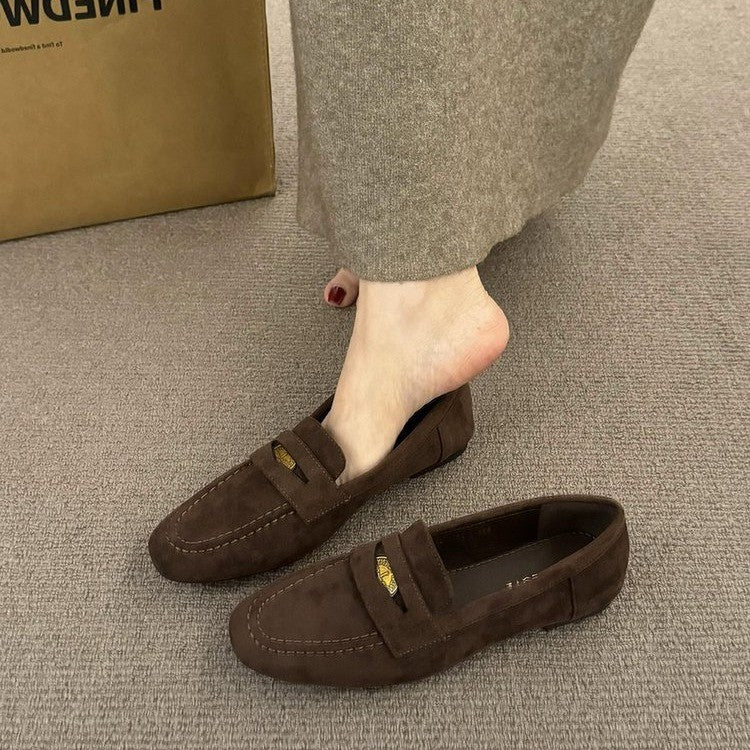 Suede Loafer Flats with Buckle Detail