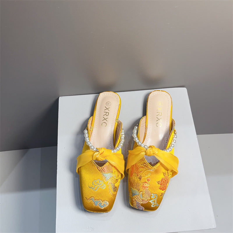 Women's Embroidered Square-toe Flat Dress Shoes