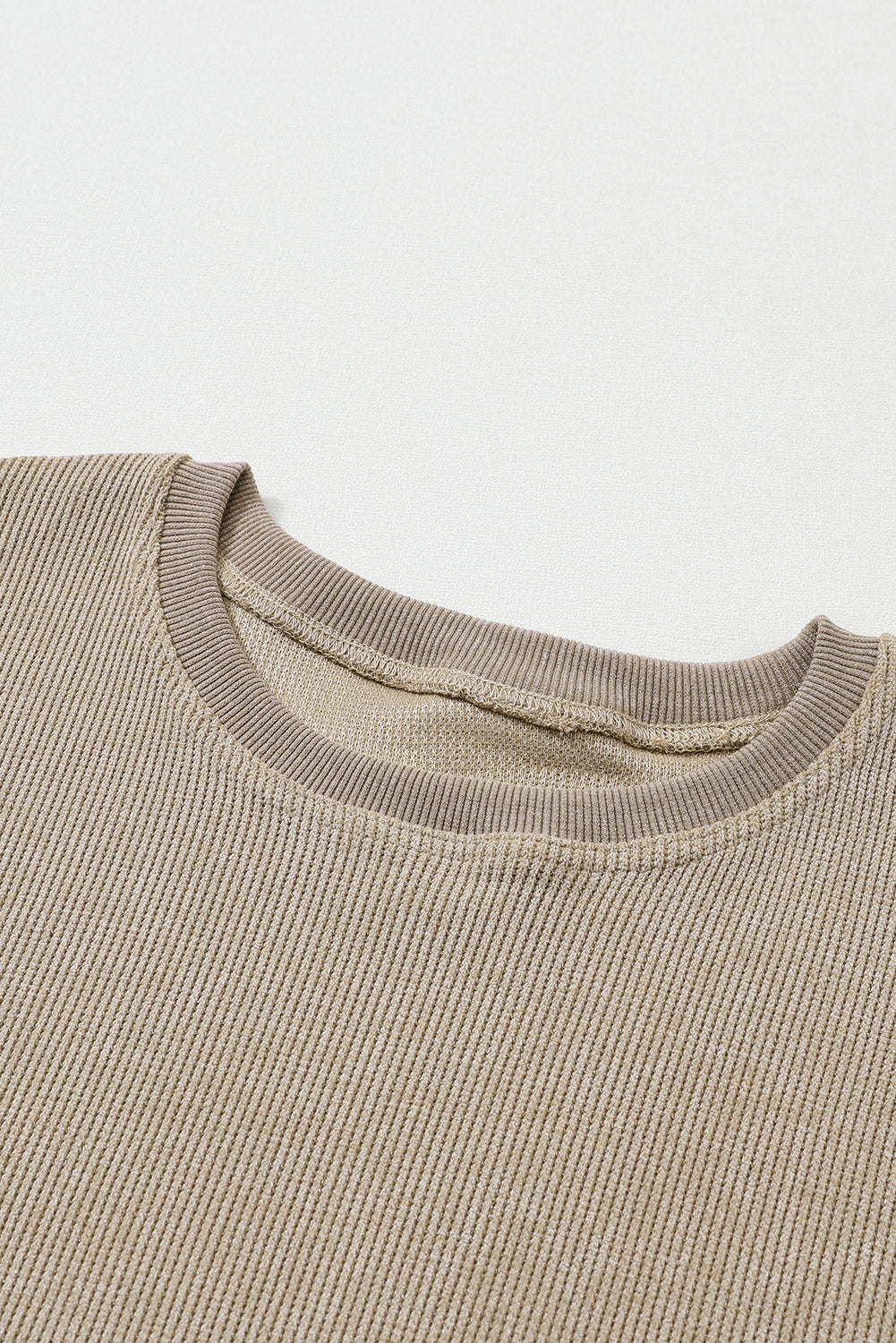 Sudadera Rosa Sólida de Punto Acanalado y Cuello Redondo